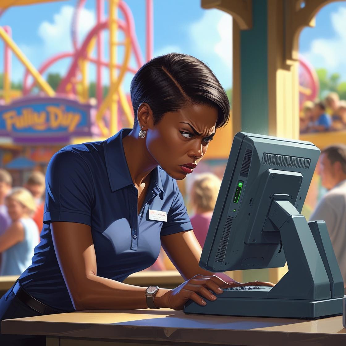 Create an image of an attraction owner, wearing a polo shirt, frustrated with their clunky POS system sitting on the counter. The background is a theme park