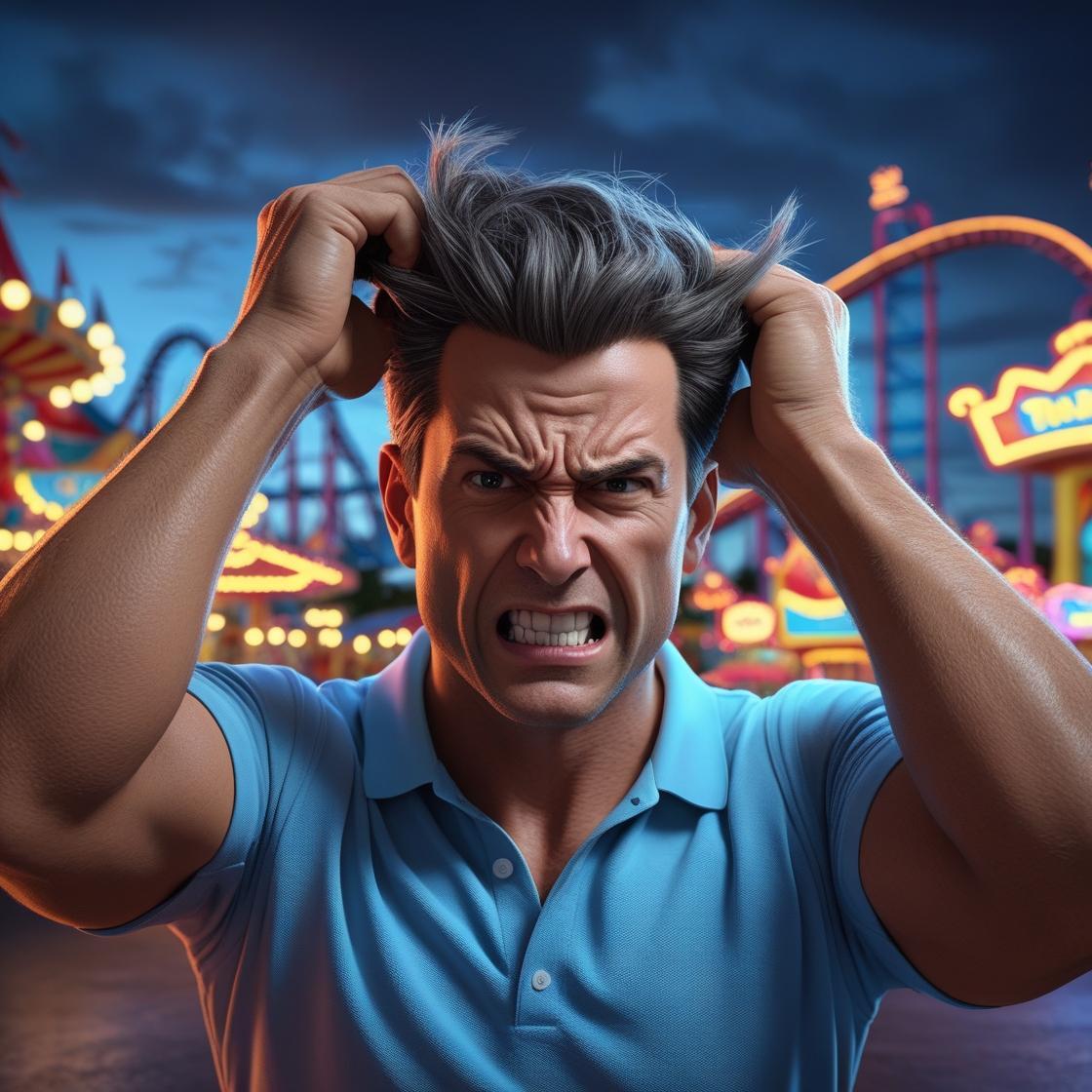 Generate an image of a frustrated theme park owner pulling his hair. He is also wearing a polo shirt. The background is a theme park
