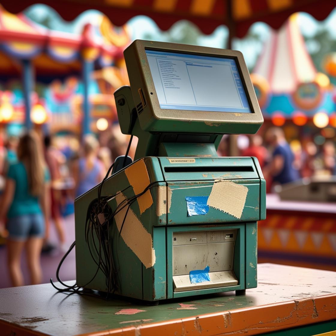 Generate an image of a patched up POS system. The background is a theme park