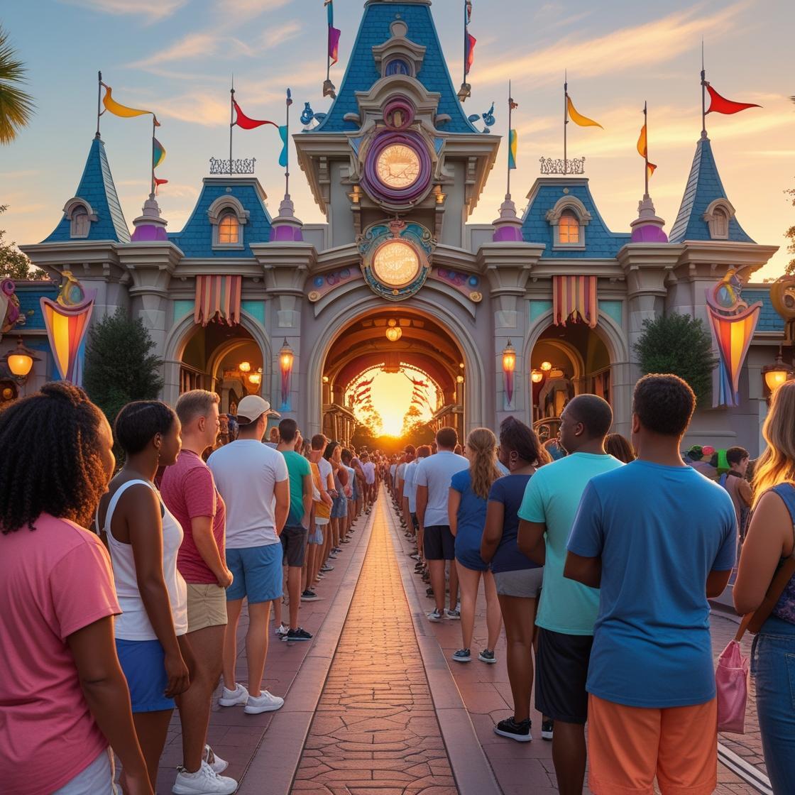a long line of people standing in front a theme park entrance